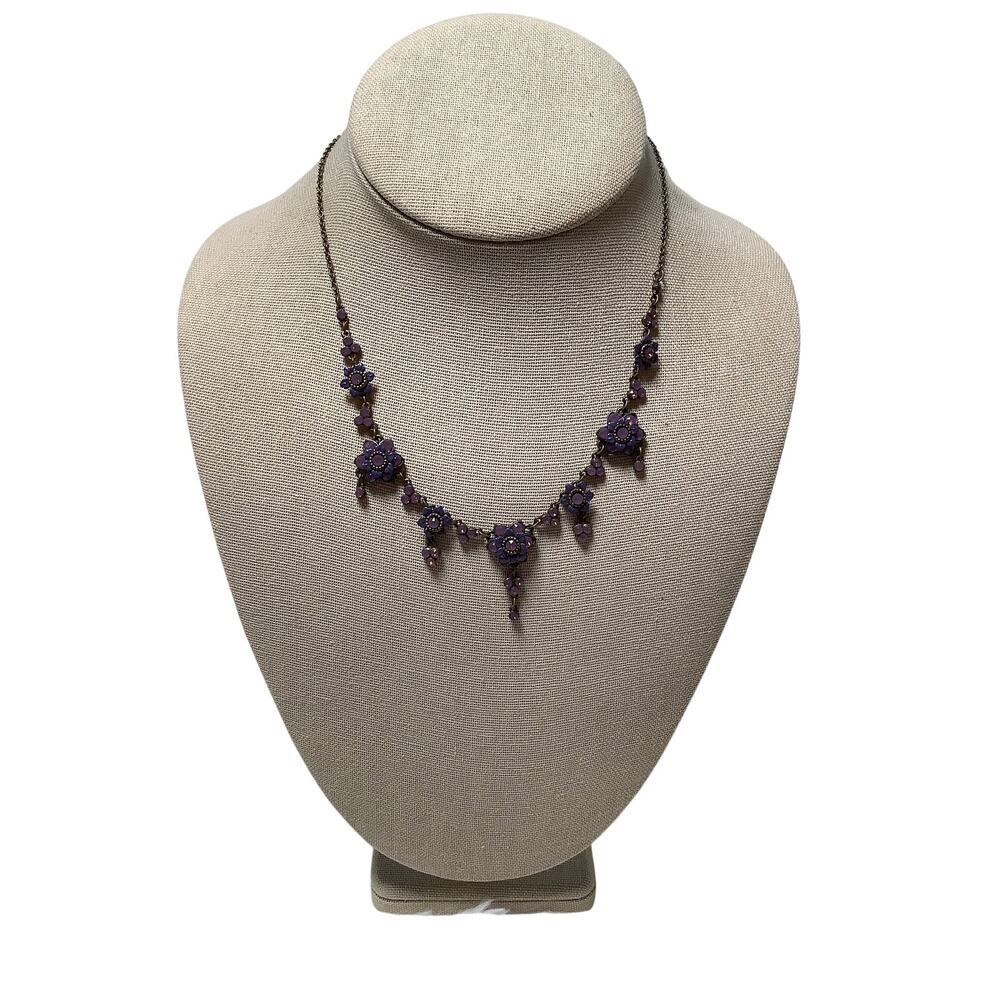 Michal Negrin Purple Enamel Flower Crystal Beaded Choker Necklace Vintage A13-10